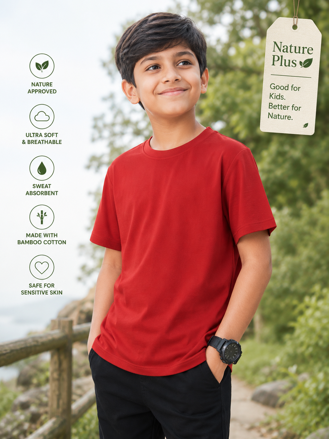 Nature Plus Kid's Lightweight Earth Red Bamboo Half Sleeve T-Shirts Made for Indian Summers